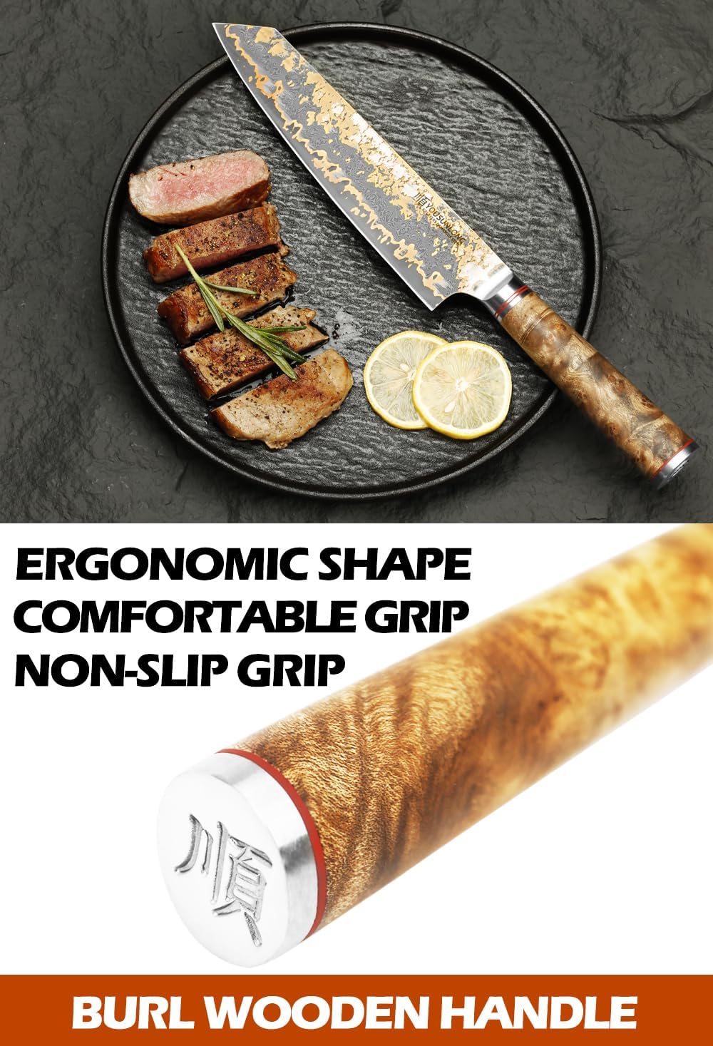Sujihiki Slicing Knife - 8 Inch Sashimi Sushi Knife - Handmade CuMai Copper Damascus Steel - Japanese Yanagiba Carving Knives Ultra Sharp - Naturel Burl Wooden Handle with Leather