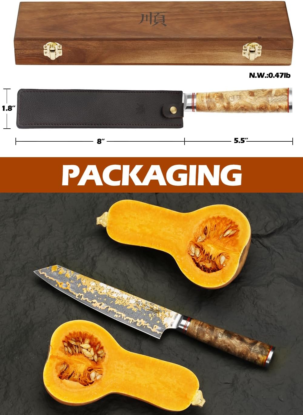 Sujihiki Slicing Knife - 8 Inch Sashimi Sushi Knife - Handmade CuMai Copper Damascus Steel - Japanese Yanagiba Carving Knives Ultra Sharp - Naturel Burl Wooden Handle with Leather