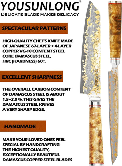 Sujihiki Slicing Knife - 8 Inch Sashimi Sushi Knife - Handmade CuMai Copper Damascus Steel - Japanese Yanagiba Carving Knives Ultra Sharp - Naturel Burl Wooden Handle with Leather