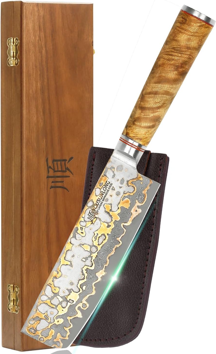 Sujihiki Slicing Knife - 8 Inch Sashimi Sushi Knife - Handmade CuMai Copper Damascus Steel - Japanese Yanagiba Carving Knives Ultra Sharp - Naturel Burl Wooden Handle with Leather