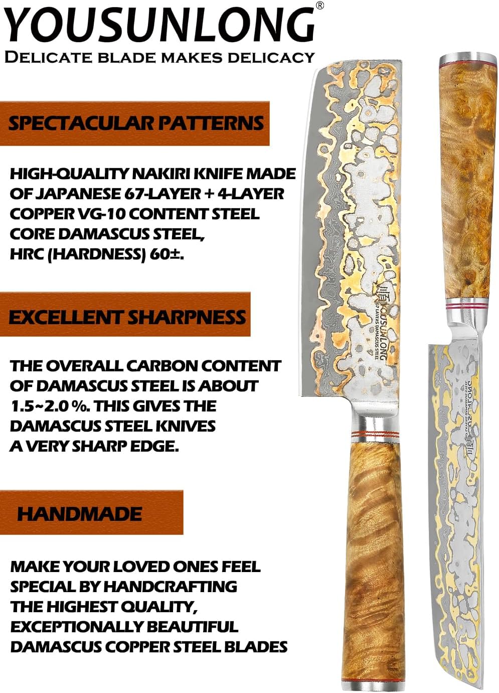 Sujihiki Slicing Knife - 8 Inch Sashimi Sushi Knife - Handmade CuMai Copper Damascus Steel - Japanese Yanagiba Carving Knives Ultra Sharp - Naturel Burl Wooden Handle with Leather
