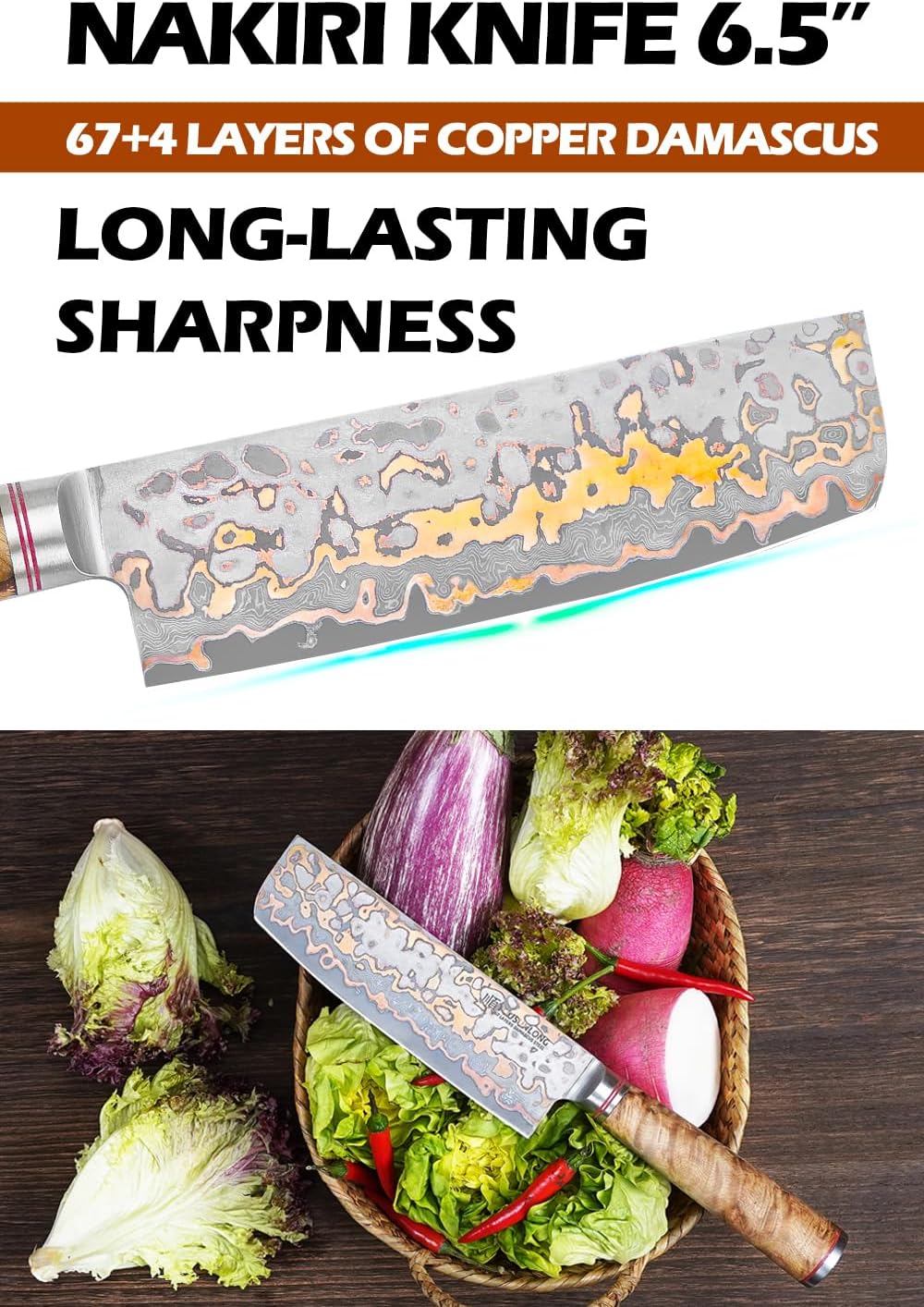 Sujihiki Slicing Knife - 8 Inch Sashimi Sushi Knife - Handmade CuMai Copper Damascus Steel - Japanese Yanagiba Carving Knives Ultra Sharp - Naturel Burl Wooden Handle with Leather