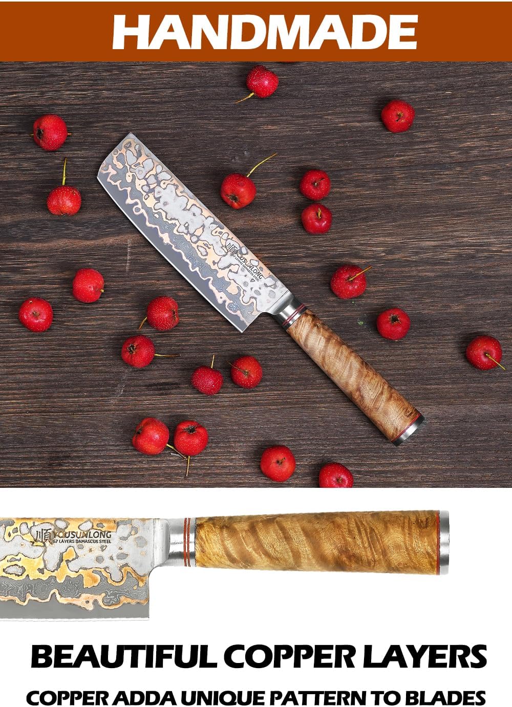 Sujihiki Slicing Knife - 8 Inch Sashimi Sushi Knife - Handmade CuMai Copper Damascus Steel - Japanese Yanagiba Carving Knives Ultra Sharp - Naturel Burl Wooden Handle with Leather