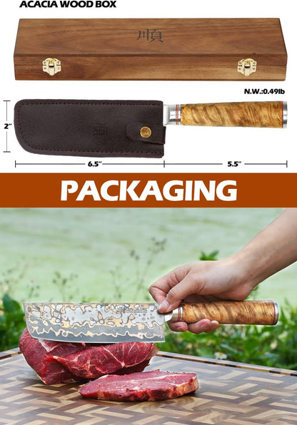 Sujihiki Slicing Knife - 8 Inch Sashimi Sushi Knife - Handmade CuMai Copper Damascus Steel - Japanese Yanagiba Carving Knives Ultra Sharp - Naturel Burl Wooden Handle with Leather