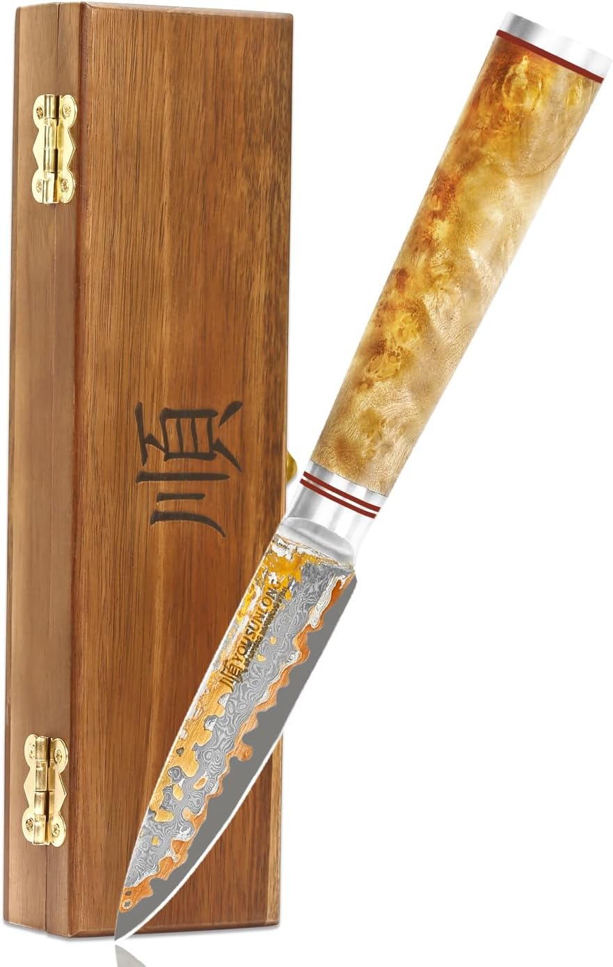Sujihiki Slicing Knife - 8 Inch Sashimi Sushi Knife - Handmade CuMai Copper Damascus Steel - Japanese Yanagiba Carving Knives Ultra Sharp - Naturel Burl Wooden Handle with Leather