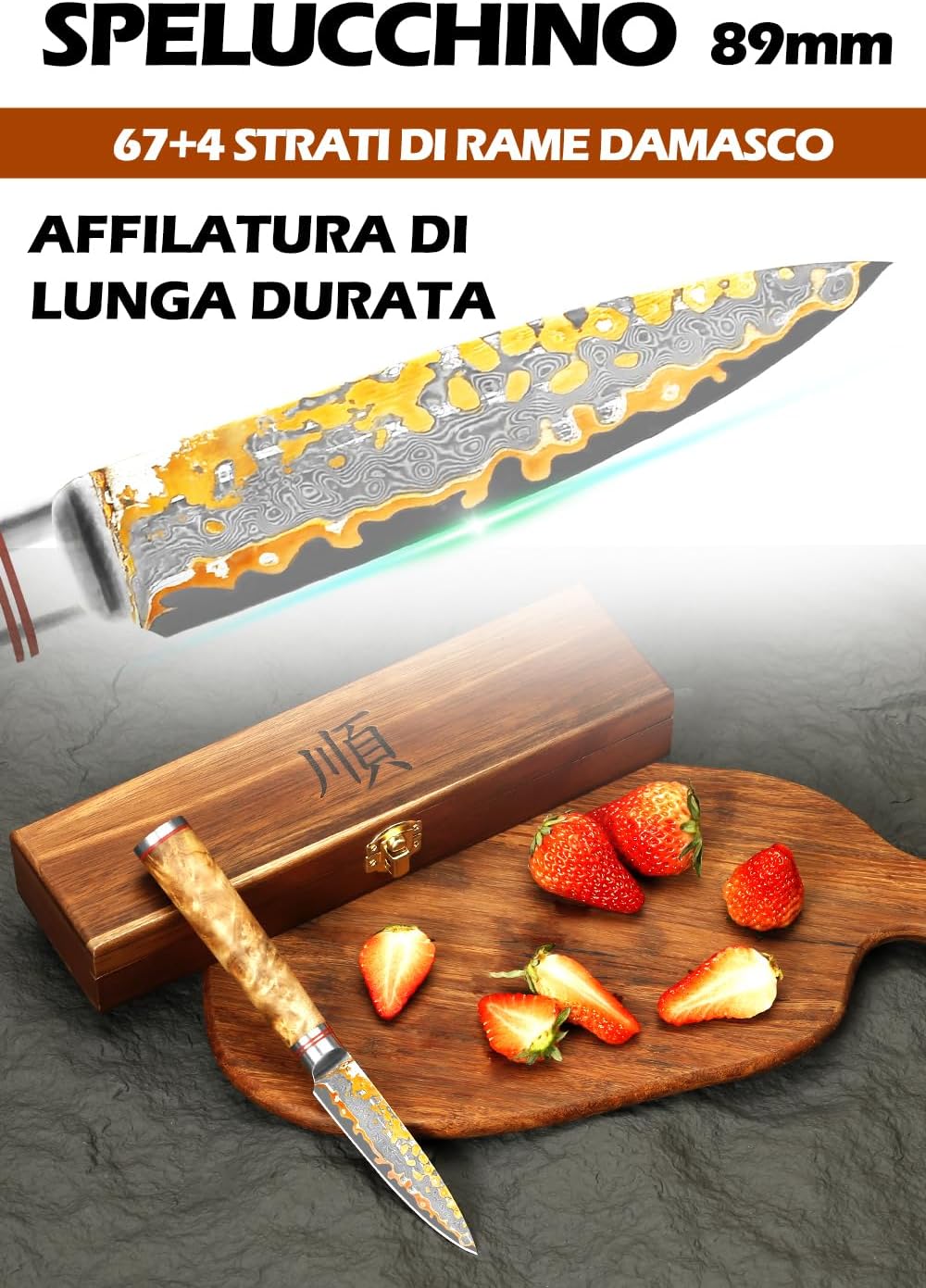 Sujihiki Slicing Knife - 8 Inch Sashimi Sushi Knife - Handmade CuMai Copper Damascus Steel - Japanese Yanagiba Carving Knives Ultra Sharp - Naturel Burl Wooden Handle with Leather