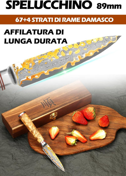 Sujihiki Slicing Knife - 8 Inch Sashimi Sushi Knife - Handmade CuMai Copper Damascus Steel - Japanese Yanagiba Carving Knives Ultra Sharp - Naturel Burl Wooden Handle with Leather