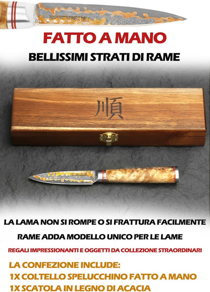 Sujihiki Slicing Knife - 8 Inch Sashimi Sushi Knife - Handmade CuMai Copper Damascus Steel - Japanese Yanagiba Carving Knives Ultra Sharp - Naturel Burl Wooden Handle with Leather