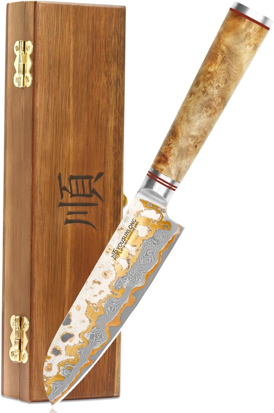 Sujihiki Slicing Knife - 8 Inch Sashimi Sushi Knife - Handmade CuMai Copper Damascus Steel - Japanese Yanagiba Carving Knives Ultra Sharp - Naturel Burl Wooden Handle with Leather