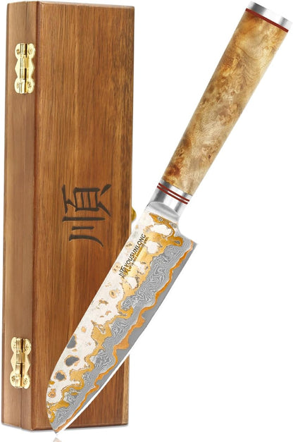 Sujihiki Slicing Knife - 8 Inch Sashimi Sushi Knife - Handmade CuMai Copper Damascus Steel - Japanese Yanagiba Carving Knives Ultra Sharp - Naturel Burl Wooden Handle with Leather