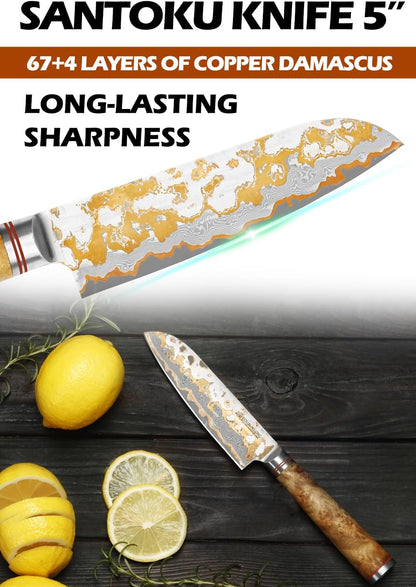 Sujihiki Slicing Knife - 8 Inch Sashimi Sushi Knife - Handmade CuMai Copper Damascus Steel - Japanese Yanagiba Carving Knives Ultra Sharp - Naturel Burl Wooden Handle with Leather