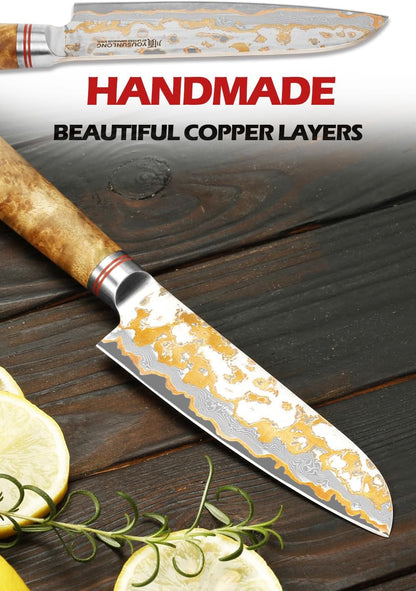 Sujihiki Slicing Knife - 8 Inch Sashimi Sushi Knife - Handmade CuMai Copper Damascus Steel - Japanese Yanagiba Carving Knives Ultra Sharp - Naturel Burl Wooden Handle with Leather