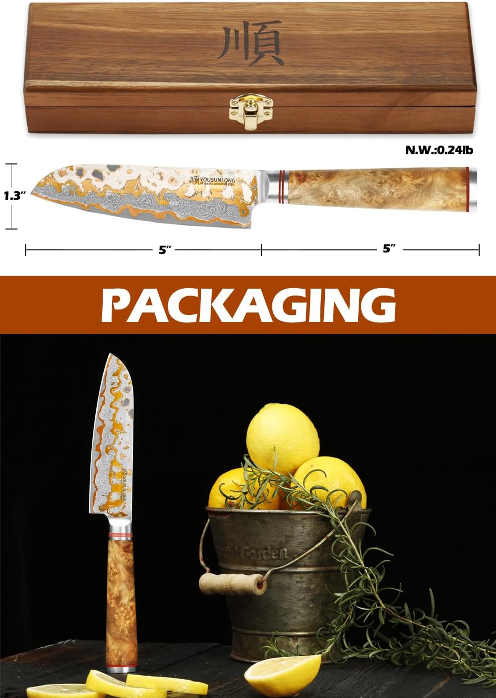 Sujihiki Slicing Knife - 8 Inch Sashimi Sushi Knife - Handmade CuMai Copper Damascus Steel - Japanese Yanagiba Carving Knives Ultra Sharp - Naturel Burl Wooden Handle with Leather