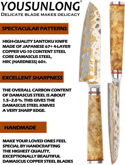 Sujihiki Slicing Knife - 8 Inch Sashimi Sushi Knife - Handmade CuMai Copper Damascus Steel - Japanese Yanagiba Carving Knives Ultra Sharp - Naturel Burl Wooden Handle with Leather