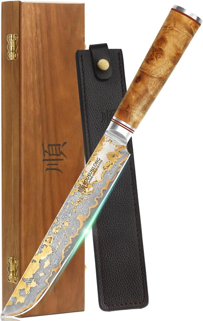 Sujihiki Slicing Knife - 8 Inch Sashimi Sushi Knife - Handmade CuMai Copper Damascus Steel - Japanese Yanagiba Carving Knives Ultra Sharp - Naturel Burl Wooden Handle with Leather