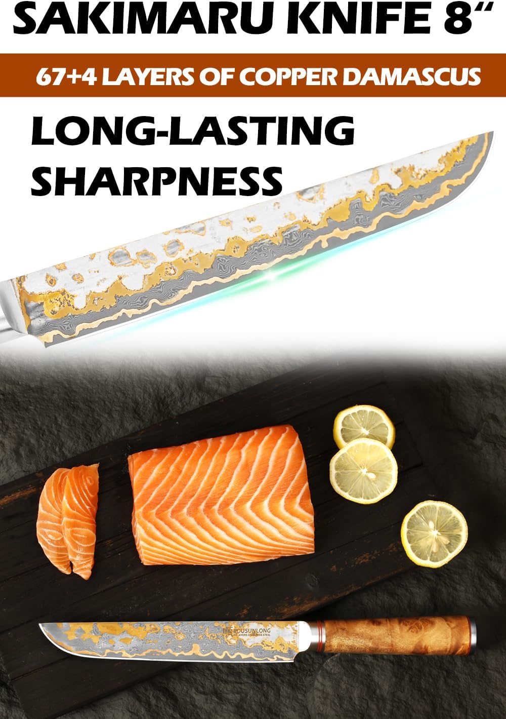 Sujihiki Slicing Knife - 8 Inch Sashimi Sushi Knife - Handmade CuMai Copper Damascus Steel - Japanese Yanagiba Carving Knives Ultra Sharp - Naturel Burl Wooden Handle with Leather