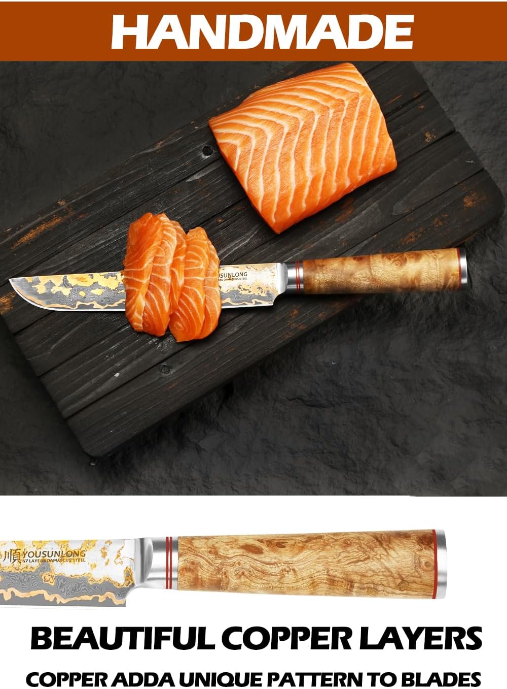 Sujihiki Slicing Knife - 8 Inch Sashimi Sushi Knife - Handmade CuMai Copper Damascus Steel - Japanese Yanagiba Carving Knives Ultra Sharp - Naturel Burl Wooden Handle with Leather