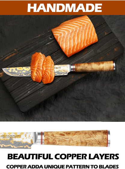 Sujihiki Slicing Knife - 8 Inch Sashimi Sushi Knife - Handmade CuMai Copper Damascus Steel - Japanese Yanagiba Carving Knives Ultra Sharp - Naturel Burl Wooden Handle with Leather