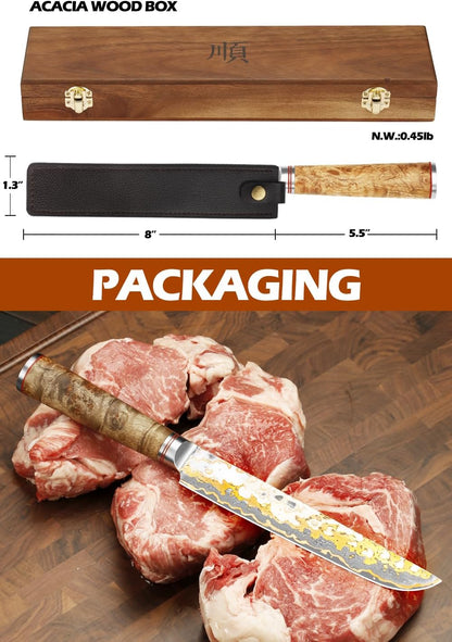 Sujihiki Slicing Knife - 8 Inch Sashimi Sushi Knife - Handmade CuMai Copper Damascus Steel - Japanese Yanagiba Carving Knives Ultra Sharp - Naturel Burl Wooden Handle with Leather