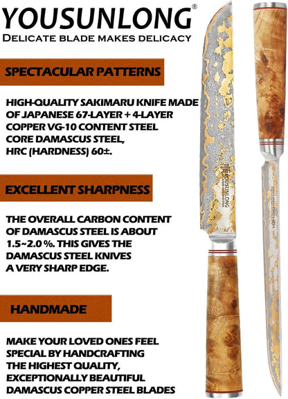 Sujihiki Slicing Knife - 8 Inch Sashimi Sushi Knife - Handmade CuMai Copper Damascus Steel - Japanese Yanagiba Carving Knives Ultra Sharp - Naturel Burl Wooden Handle with Leather