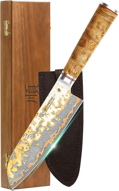 Sujihiki Slicing Knife - 8 Inch Sashimi Sushi Knife - Handmade CuMai Copper Damascus Steel - Japanese Yanagiba Carving Knives Ultra Sharp - Naturel Burl Wooden Handle with Leather