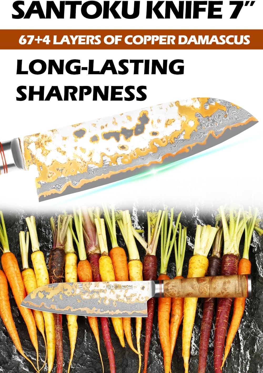 Sujihiki Slicing Knife - 8 Inch Sashimi Sushi Knife - Handmade CuMai Copper Damascus Steel - Japanese Yanagiba Carving Knives Ultra Sharp - Naturel Burl Wooden Handle with Leather