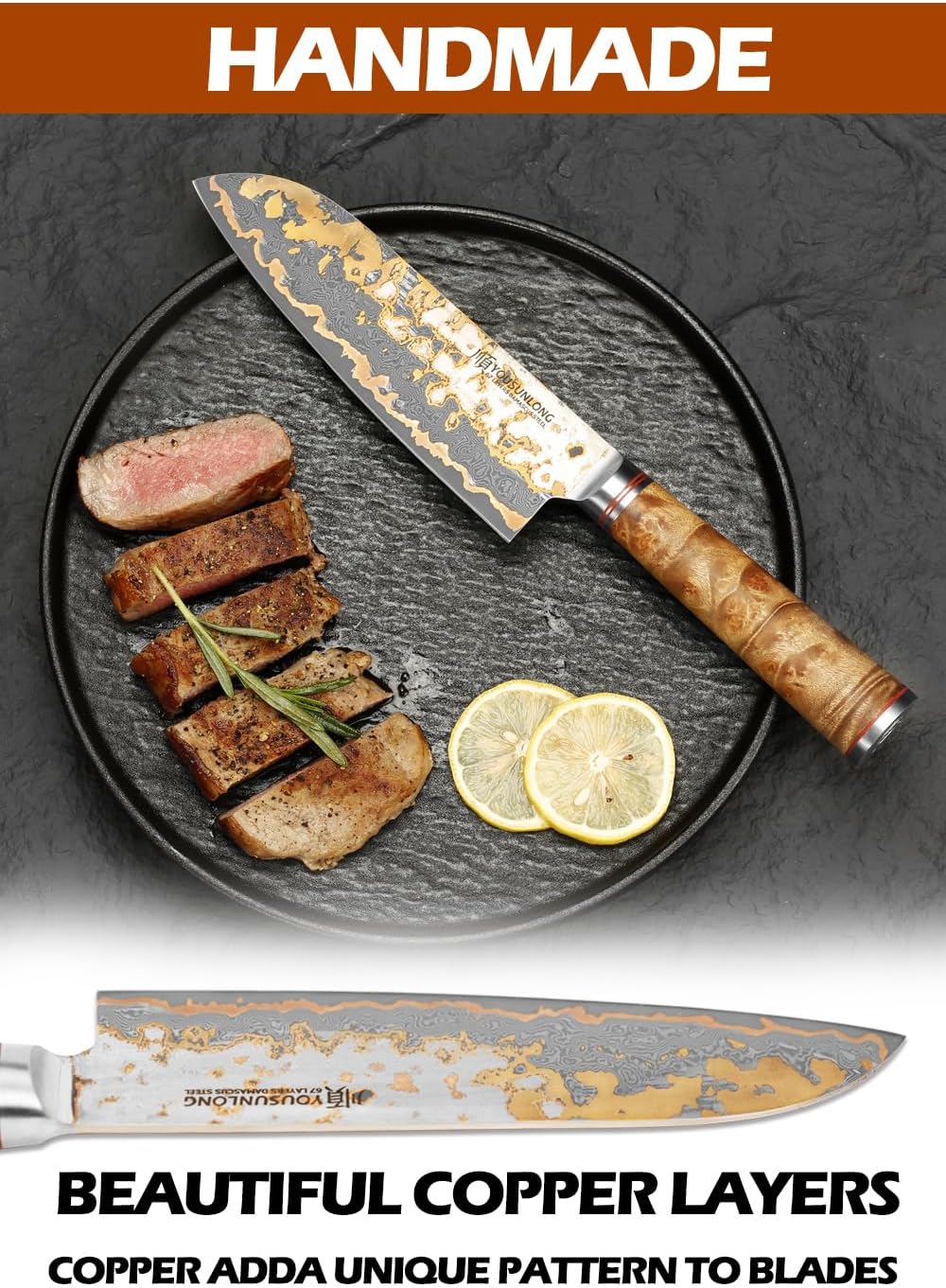 Sujihiki Slicing Knife - 8 Inch Sashimi Sushi Knife - Handmade CuMai Copper Damascus Steel - Japanese Yanagiba Carving Knives Ultra Sharp - Naturel Burl Wooden Handle with Leather