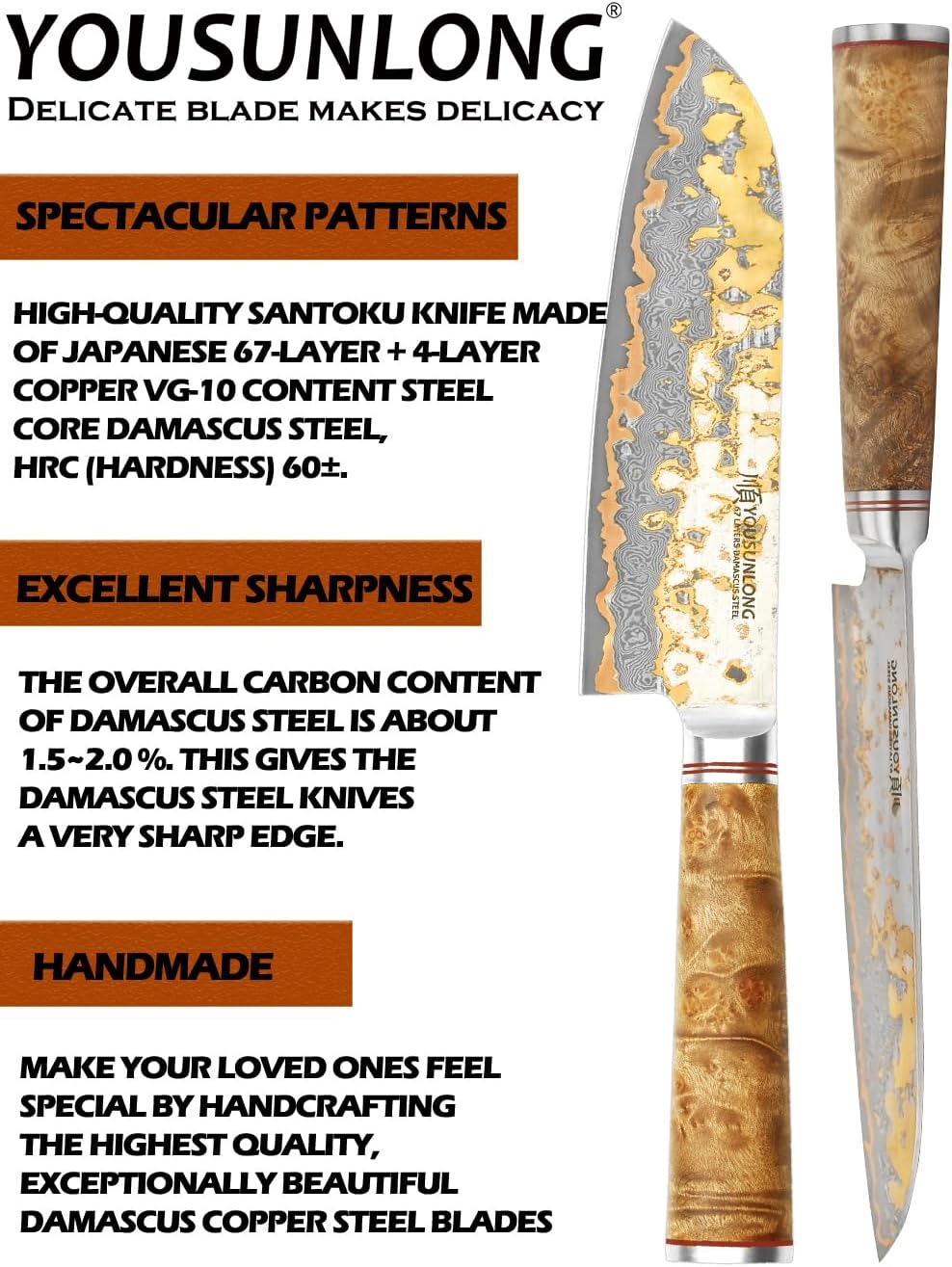 Sujihiki Slicing Knife - 8 Inch Sashimi Sushi Knife - Handmade CuMai Copper Damascus Steel - Japanese Yanagiba Carving Knives Ultra Sharp - Naturel Burl Wooden Handle with Leather