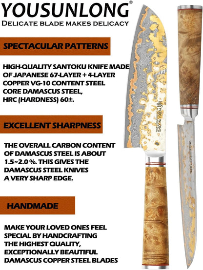 Sujihiki Slicing Knife - 8 Inch Sashimi Sushi Knife - Handmade CuMai Copper Damascus Steel - Japanese Yanagiba Carving Knives Ultra Sharp - Naturel Burl Wooden Handle with Leather