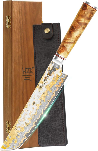 Sujihiki Slicing Knife - 8 Inch Sashimi Sushi Knife - Handmade CuMai Copper Damascus Steel - Japanese Yanagiba Carving Knives Ultra Sharp - Naturel Burl Wooden Handle with Leather