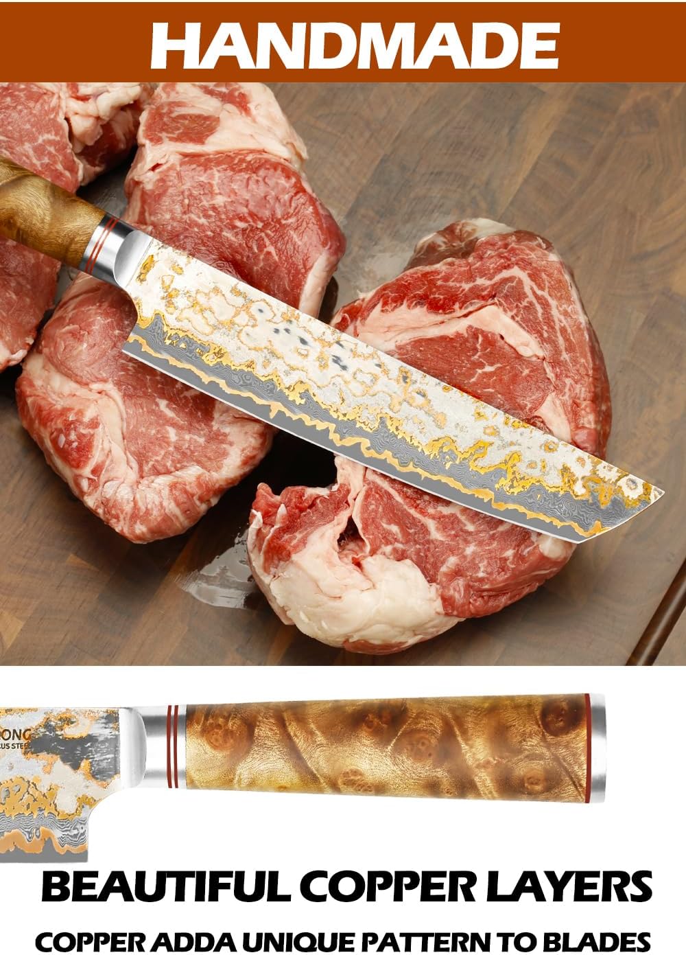 Sujihiki Slicing Knife - 8 Inch Sashimi Sushi Knife - Handmade CuMai Copper Damascus Steel - Japanese Yanagiba Carving Knives Ultra Sharp - Naturel Burl Wooden Handle with Leather
