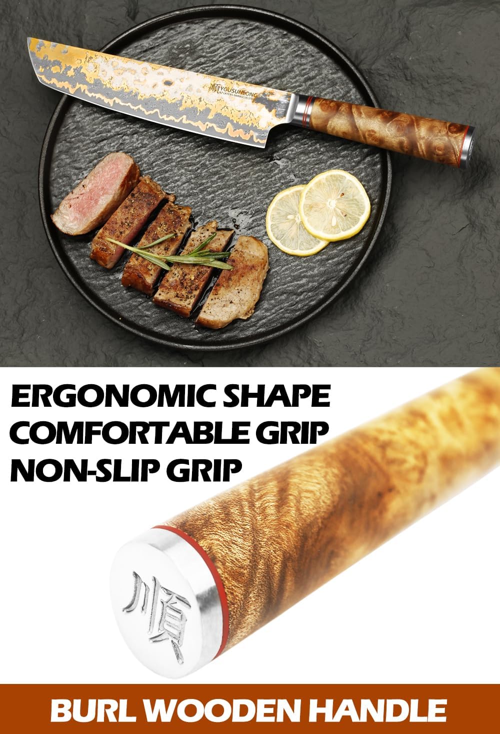 Sujihiki Slicing Knife - 8 Inch Sashimi Sushi Knife - Handmade CuMai Copper Damascus Steel - Japanese Yanagiba Carving Knives Ultra Sharp - Naturel Burl Wooden Handle with Leather