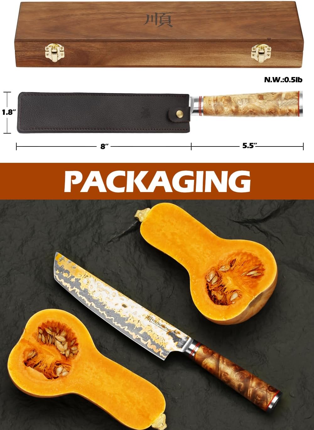 Sujihiki Slicing Knife - 8 Inch Sashimi Sushi Knife - Handmade CuMai Copper Damascus Steel - Japanese Yanagiba Carving Knives Ultra Sharp - Naturel Burl Wooden Handle with Leather