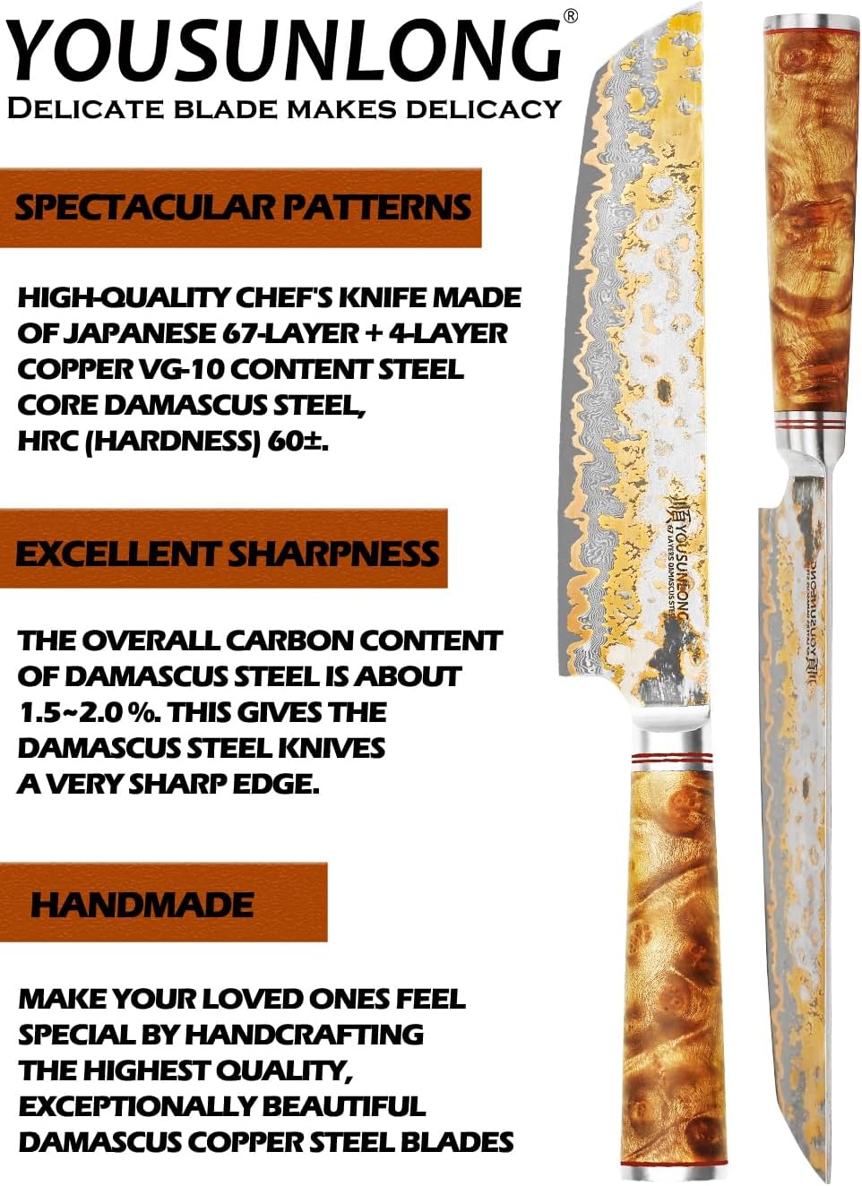 Sujihiki Slicing Knife - 8 Inch Sashimi Sushi Knife - Handmade CuMai Copper Damascus Steel - Japanese Yanagiba Carving Knives Ultra Sharp - Naturel Burl Wooden Handle with Leather