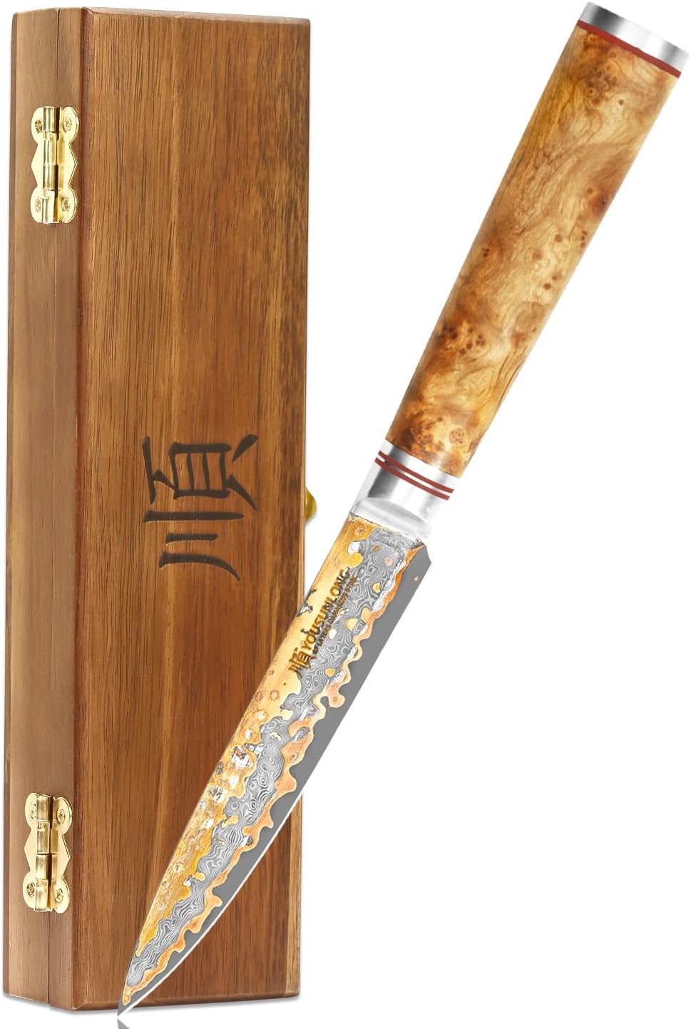 Sujihiki Slicing Knife - 8 Inch Sashimi Sushi Knife - Handmade CuMai Copper Damascus Steel - Japanese Yanagiba Carving Knives Ultra Sharp - Naturel Burl Wooden Handle with Leather