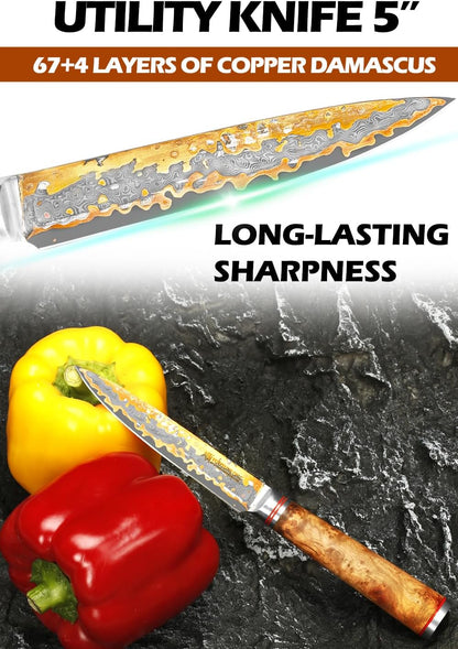 Sujihiki Slicing Knife - 8 Inch Sashimi Sushi Knife - Handmade CuMai Copper Damascus Steel - Japanese Yanagiba Carving Knives Ultra Sharp - Naturel Burl Wooden Handle with Leather
