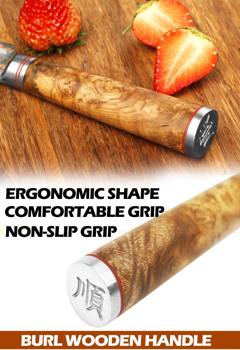 Sujihiki Slicing Knife - 8 Inch Sashimi Sushi Knife - Handmade CuMai Copper Damascus Steel - Japanese Yanagiba Carving Knives Ultra Sharp - Naturel Burl Wooden Handle with Leather