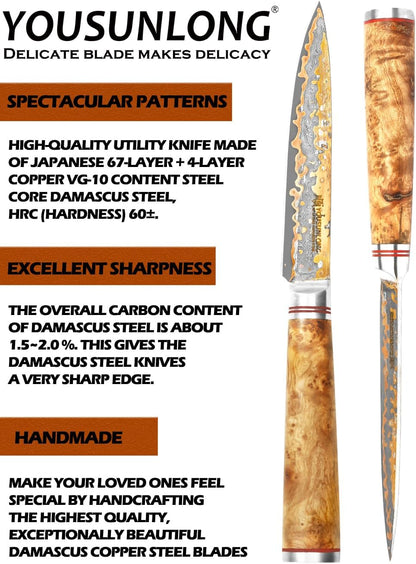 Sujihiki Slicing Knife - 8 Inch Sashimi Sushi Knife - Handmade CuMai Copper Damascus Steel - Japanese Yanagiba Carving Knives Ultra Sharp - Naturel Burl Wooden Handle with Leather