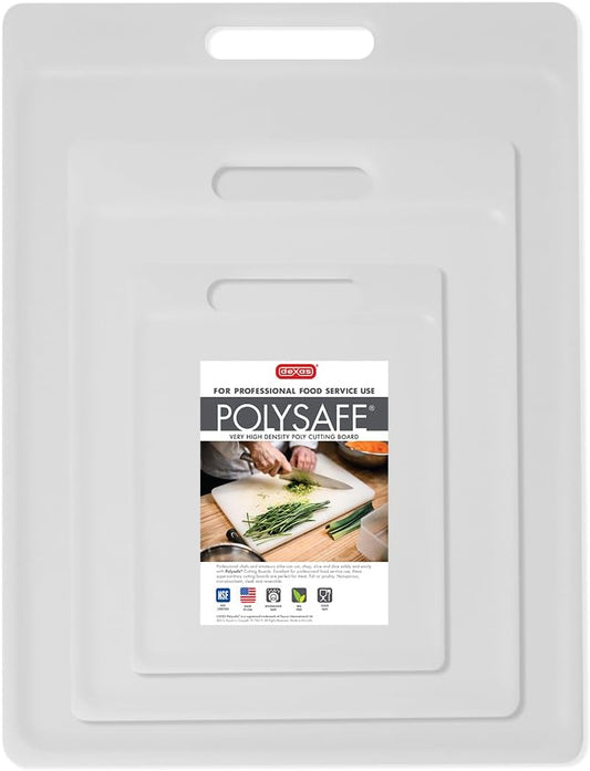 3-Pack NSF Certified Polysafe Cutting Boards with Handle, 6.25 x 8.5, 8.5 x 11, 11 x 14.5 Inches, Reversible Kitchen Cutting Board, White