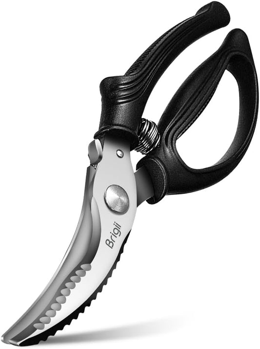 Kitchen Shears, Heavy Duty Poultry Shears, Stainless Steel Scissors | Spring loaded, serrated edge for scaling, cuts bone, safety lock, non-slip handle, for chicken, turkey, fish, seafood
