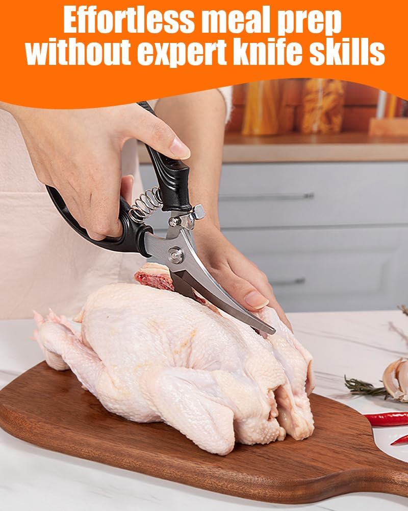 Kitchen Shears, Heavy Duty Poultry Shears, Stainless Steel Scissors | Spring loaded, serrated edge for scaling, cuts bone, safety lock, non-slip handle, for chicken, turkey, fish, seafood