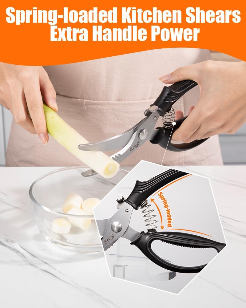 Kitchen Shears, Heavy Duty Poultry Shears, Stainless Steel Scissors | Spring loaded, serrated edge for scaling, cuts bone, safety lock, non-slip handle, for chicken, turkey, fish, seafood