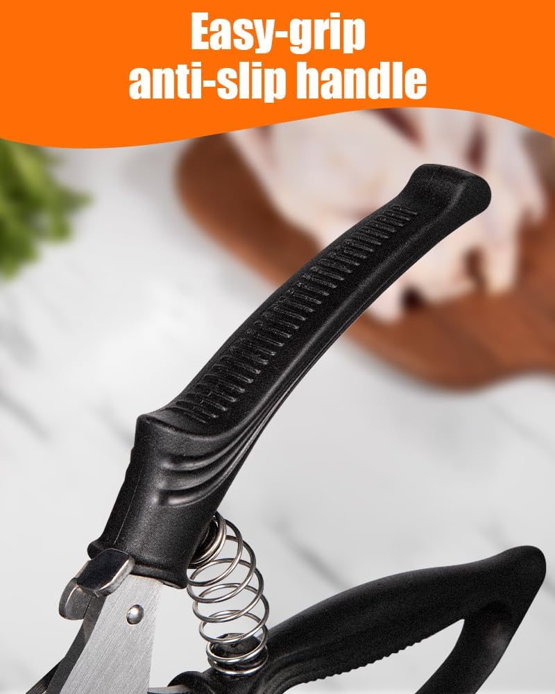 Kitchen Shears, Heavy Duty Poultry Shears, Stainless Steel Scissors | Spring loaded, serrated edge for scaling, cuts bone, safety lock, non-slip handle, for chicken, turkey, fish, seafood
