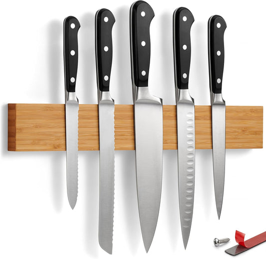 Magnetic Knife Holder for Wall or Fridge | No-Drill Bamboo Knife Magnetic Strip, 16″ - Renter Friendly