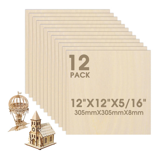 12 Pack Basswood Sheets 12"×12"×5/16" Unfinished Plywood Sheet | Smooth Thin Wood Boards for Laser Cutting Wood Carving Burning DIY Crafts