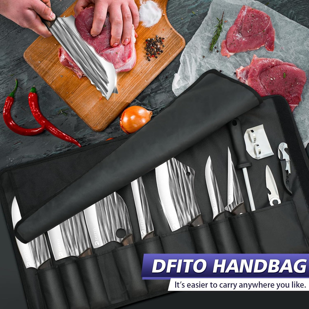 Butcher Knife Set, Sharp Kitchen Knife Set with Roll Bag Gift for Men