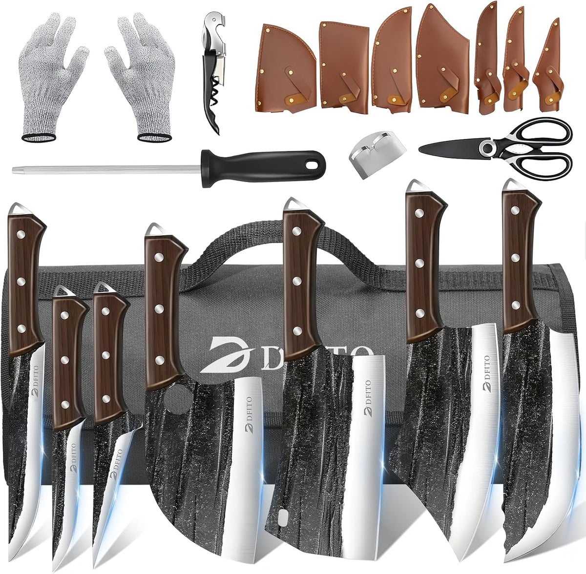 Butcher Knife Set, Sharp Kitchen Knife Set with Roll Bag Gift for Men