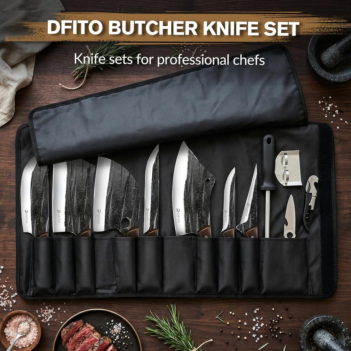 Butcher Knife Set, Sharp Kitchen Knife Set with Roll Bag Gift for Men