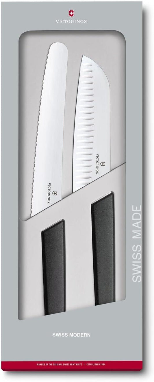 2 Piece Santoku and Bread Knife Set, Black, Light & Sharp for Various Foods, Dishwasher Safe, Swiss Madan, Gift Box, 6.9093.22G