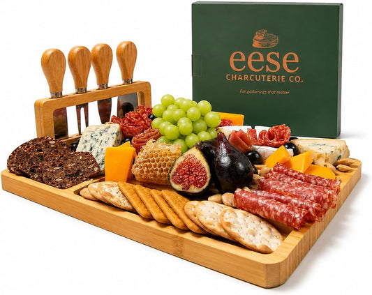 Eese Charcuterie Board Set, 14 x 11 Inch Bamboo Cheese Board with Cheese Knife Set, Deep Groove Serving Tray, Screw-Mount Utensil Holder, Gift for Housewarming & Entertaining